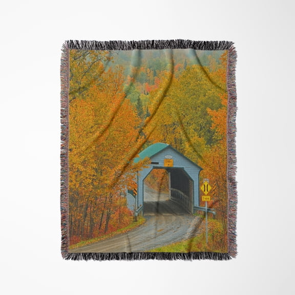 Canada, Quebec, Sainte-Blandine. Autumn Colors Around Covered Bridge, Woven Blanket