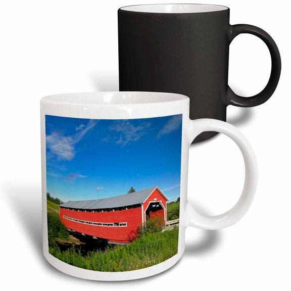 3drose, Canada, Quebec, Ste. Jeanne Darc. Covered Bridge over Stream., 11oz Magic Transforming Mug