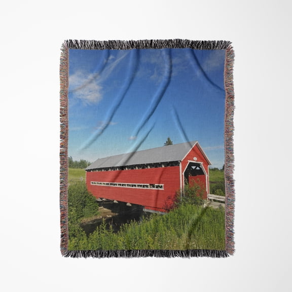 Canada, Quebec, Ste. Jeanne Darc. Covered Bridge Over Stream., Woven Blanket