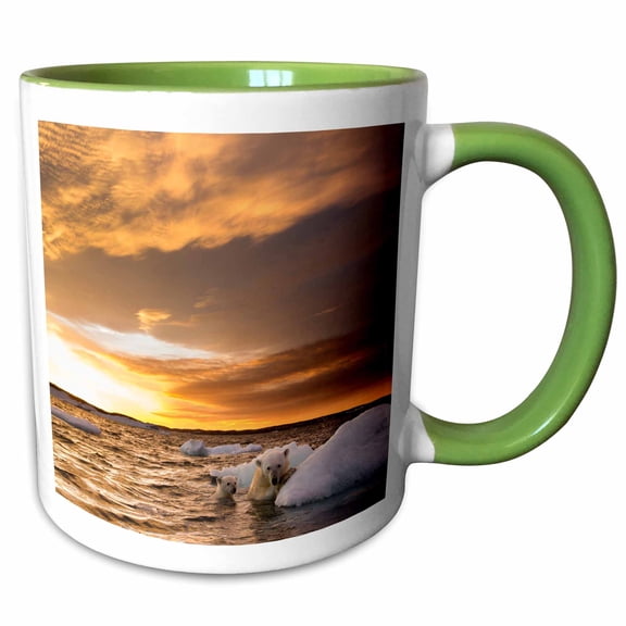 3drose, Canada, Repulse Bay, Polar Bear and Cub on Sea Ice at Sunset., 11oz Two-tone Green Mug