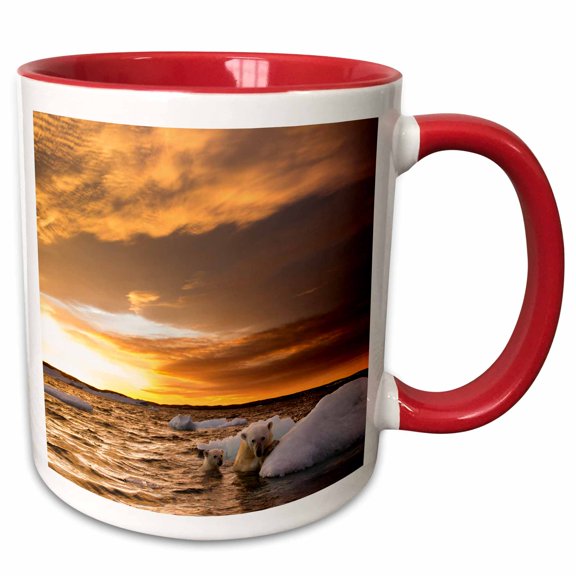3drose, Canada, Repulse Bay, Polar Bear and Cub on Sea Ice at Sunset., 11oz Two-tone Red Mug