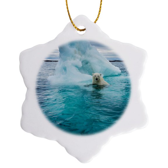 3drose, Canada, Repulse Bay, Polar Bear Swimming by Iceberg on Hudson Bay, 3 inch Snowflake Porcelain Ornament