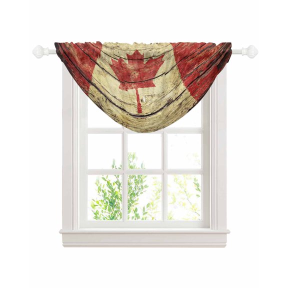 Canada Sheer Waterfall Valance Curtains for Window, Red Maple Leaf Flag Farmhouse Shabby Wooden Grain Rod Pocket Sheer Topper Swag Curtains for Living Room, Kitchen 38.5"W x 47.2"L, 1 Panel