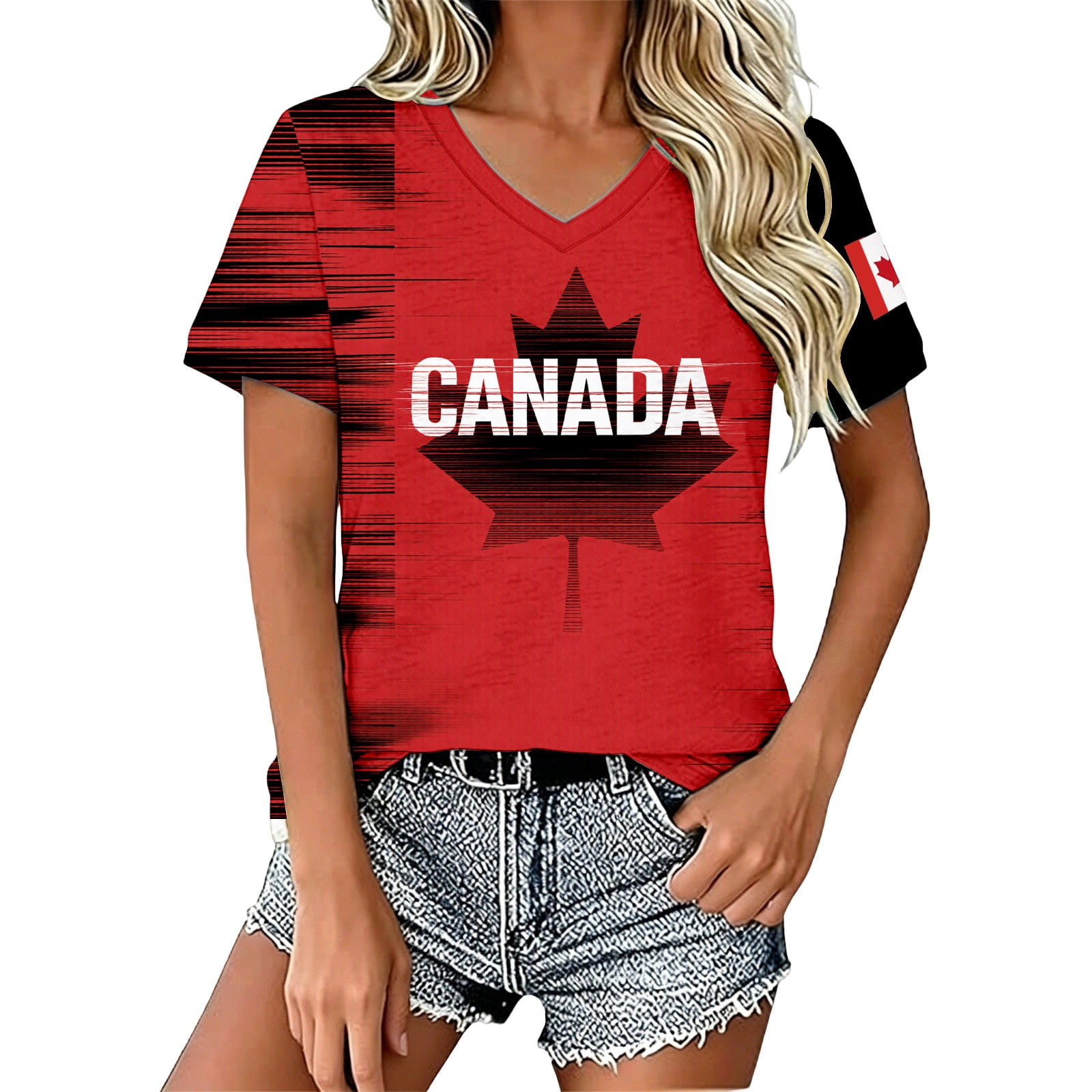 E Yan Canada Shirt for Women Soccer Short Sleeve Shirts Canada Contrast Binding V Neck Plus Tee Tops, Women's, Size: Medium, Red