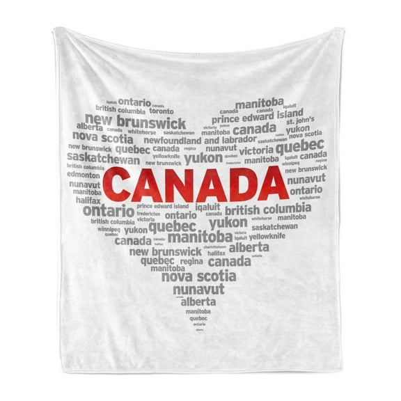 Canada Soft Flannel Fleece Blanket, Calligraphy of Regions in Canada Illustrated in a Heart Proud Canadian, Cozy Plush for Indoor and Outdoor Use, 50" x 60", Dimgray Vermilion White, by Ambesonne