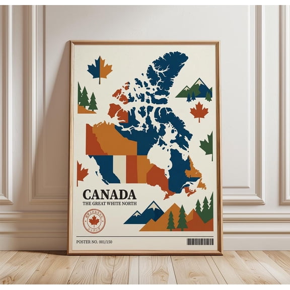 Canada Travel Vintage Map Canadian Landscape Illustration Retro Country Great White North, Unframed Poster