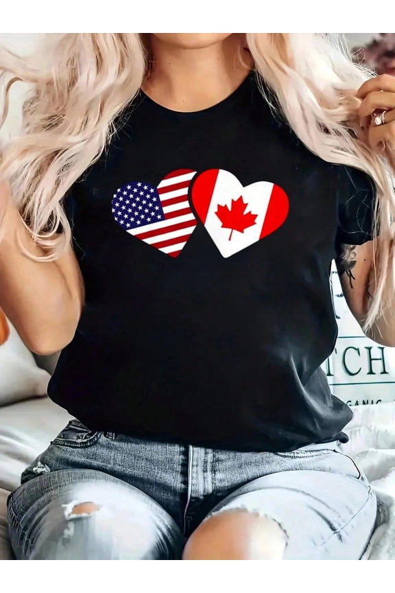 Canada USA Flag T Shirt Heart Canadian Americans Love Cute T-Shirt Breathable & Comfort Fit T Shirt, Short Sleeve Crew Neck Top For All Seasons