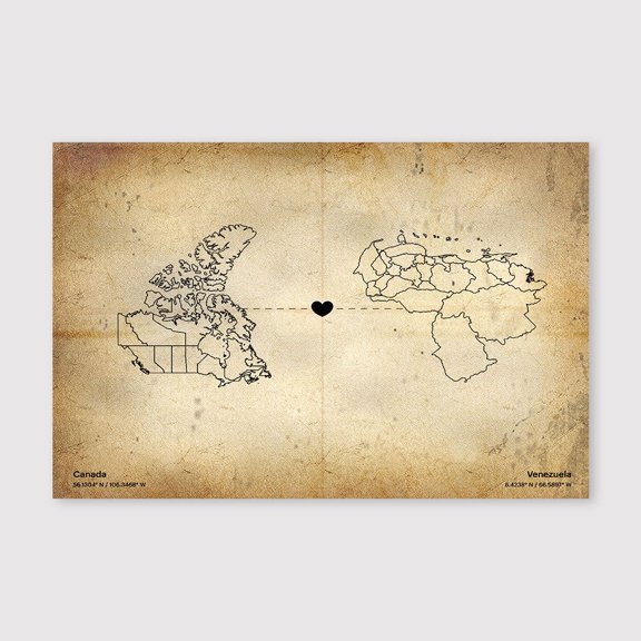 Canada Venezuela Map Canvas Wall Art 8x12 inch -Canada Venezuela Map Minimalist Vintage Canvas Artwork for Living Room and Office Decor