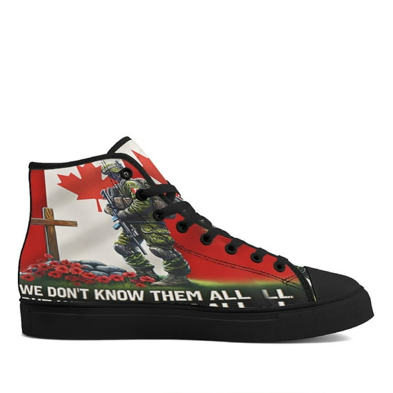 Canada Veteran Memorial We Don not Know Them All But We Owe Them All Canadian Soldier The Cross High Top Canvas Shoes Sneakers Black Size 8.5