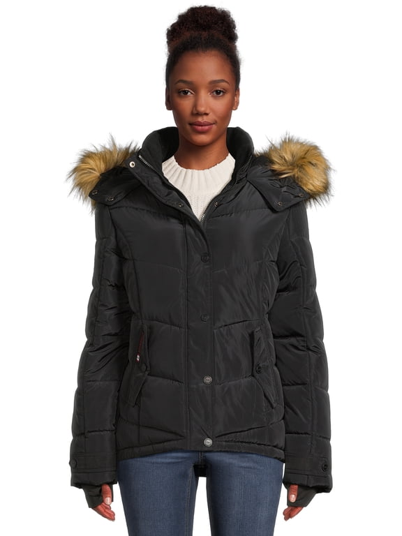 Women's Classic Puffer Jacket with Faux Fur Trim Hood