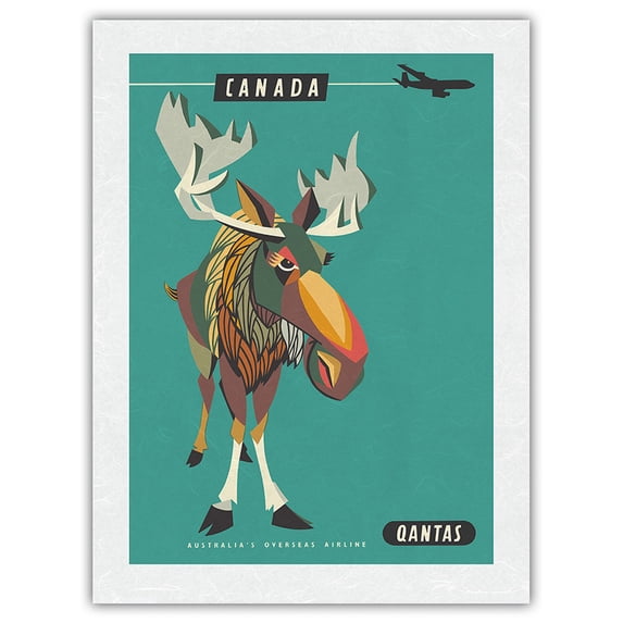 Canada - Wild Canadian Bull Moose - Qantas Airways - Vintage Airline Travel Poster by Harry Rogers c.1960s - Japanese Unryu Rice Paper Art Print 24 x 32 in