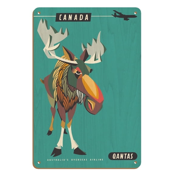 Canada - Wild Canadian Bull Moose - Qantas Airways - Vintage Airline Travel Poster by Harry Rogers c.1960s - 8 x 12 inch Vintage Wood Art Sign