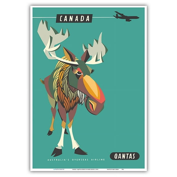 Canada - Wild Canadian Bull Moose - Qantas Airways - Vintage Airline Travel Poster by Harry Rogers c.1960s - Master Art Print 10in x 14in