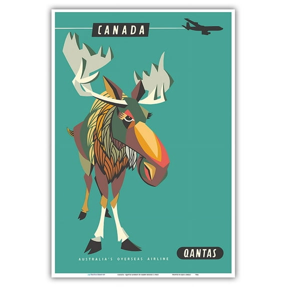 Canada - Wild Canadian Bull Moose - Qantas Airways - Vintage Airline Travel Poster by Harry Rogers c.1960s - Master Art Print (Unframed) 13in x 19in