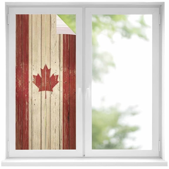 Canada Window Privacy Film, Red Maple Leaf Flag Vintage Farmhouse Wooden Grain Static Cling UV Sun Blocking Heat Control Window Tint Day and Night, Non-Adhesive One Way Privacy Cover 17.7''x39.3''