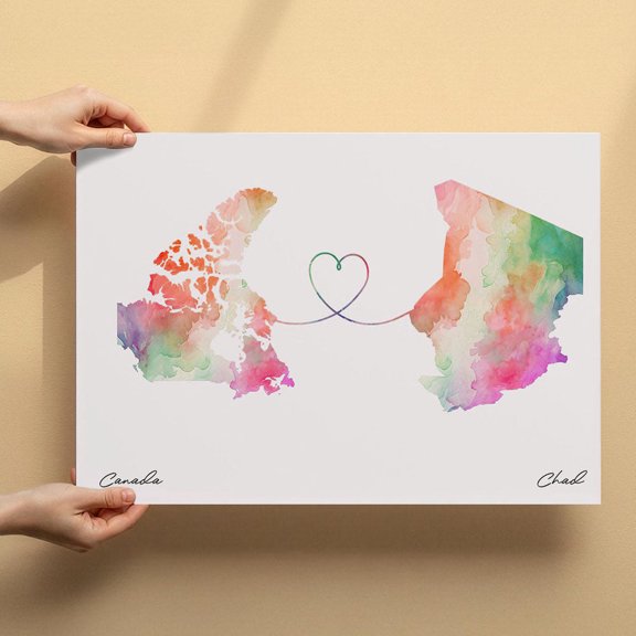Canada to Chad Map Canvas Wall Art 8x12 inch – Canada to Chad Map Artistic Wall Decor – Modern Watercolor Canvas Print