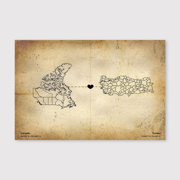 Canada to Turkey Map Canvas Wall Art 8x12 inch -Canada to Turkey Map Rustic Canvas Wall Decor with Old World Vintage Style for Home Office