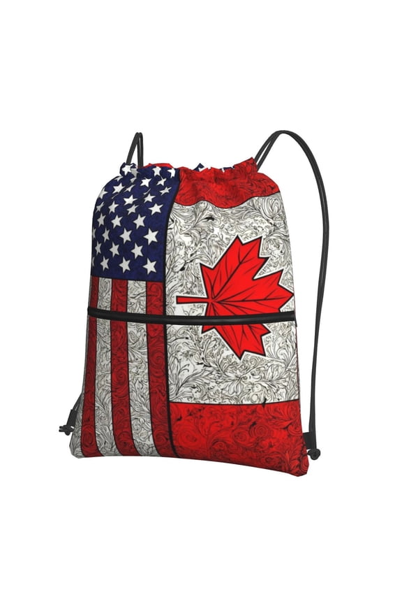 Canadian America Flag Drawstring Backpack Water Resistant String Bag Sports Sackpack Gym Sack For Men Women