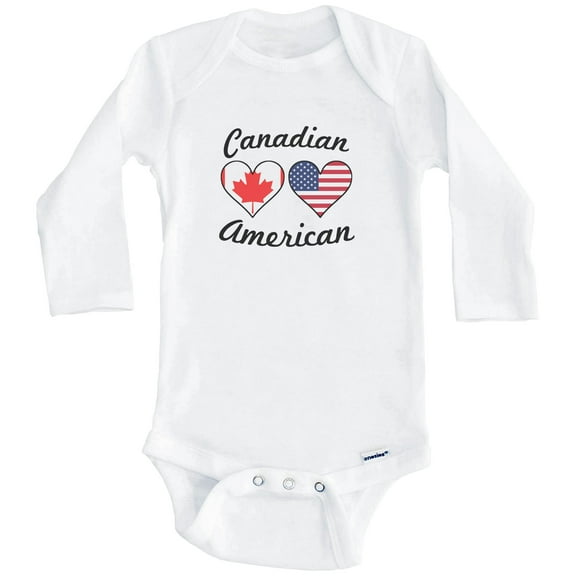 Canadian American Flag Hearts Canada One Piece Baby Bodysuit (Long Sleeve), 0-3 Months White