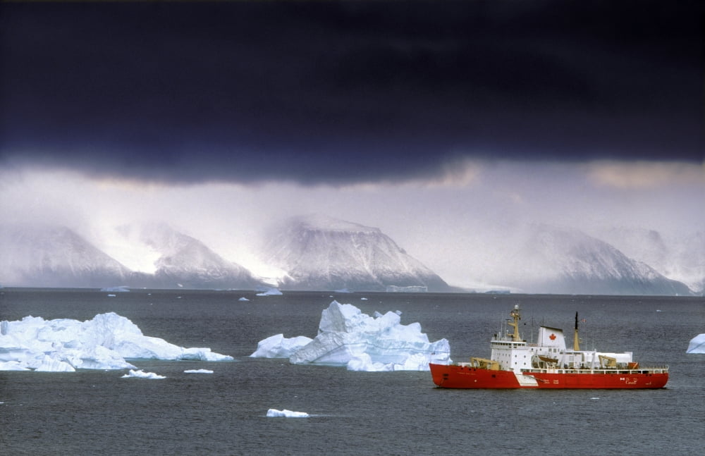 Canadian Coastguard Icebreaker Visiting The Coast Of Northwest Greenland Between Ellesmere Island And Greenland Canvas Art - Jerry Kobalenko Design Pics (34 x 22)