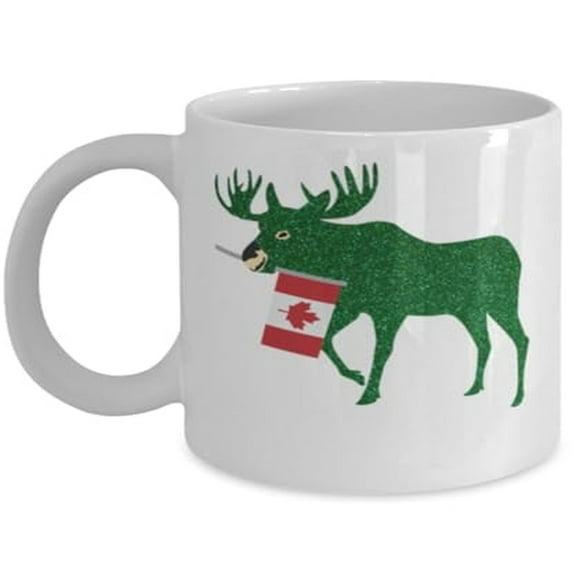 Canadian 11 oz Coffee Mug - Festive Moose And Canada Flag White Ceramic Gift