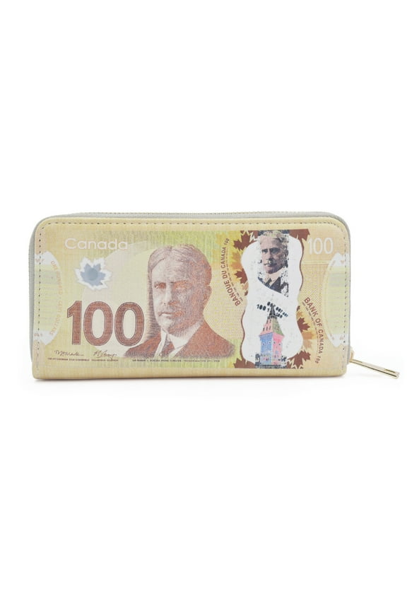 Canadian Dollar 100 CAD Currency Money Bill Print PU Leather Zip Around Wallet