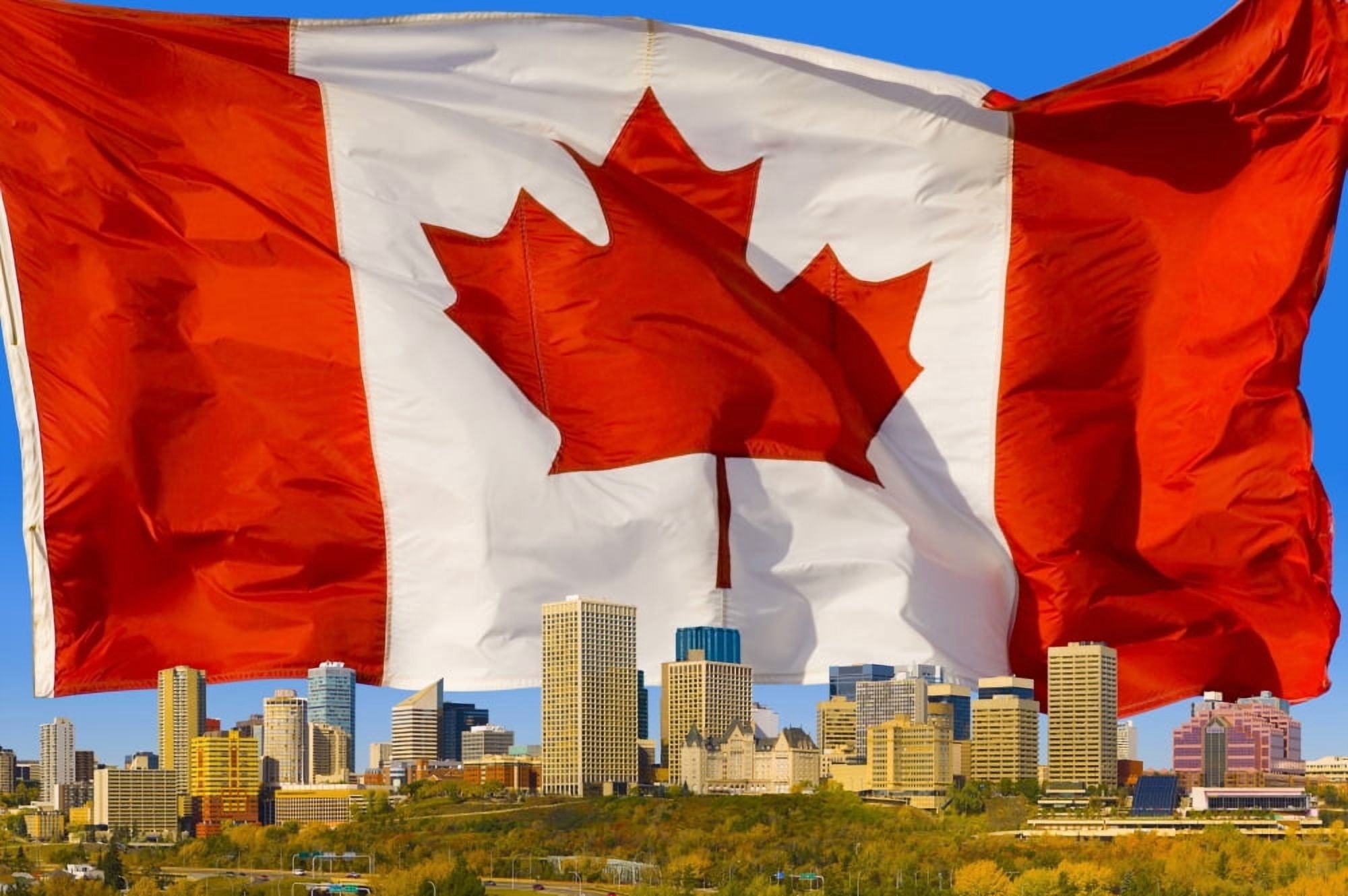 Canadian Flag Behind Edmonton Canvas Art - Corey Hochachka Design Pics (34 x 22)