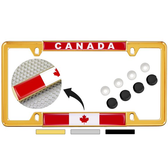 Canadian Flag - Domed Custom-Made Personalized Narrow (Thin) Top 4 Hole Metal Car License Plate Frame with Free caps - Gold (Quantity: 1 Frame)