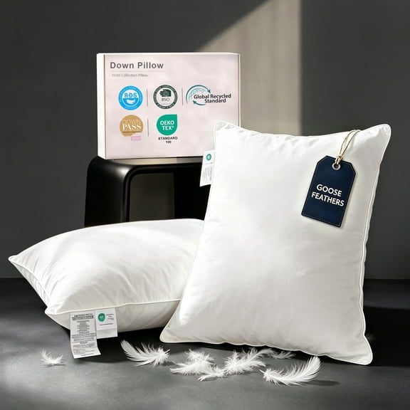 Set of 2 Goose Down Pillows Queen Size , 100% Cotton Shell, Supportive Cooling Pillows , Hotel Bed Pillows