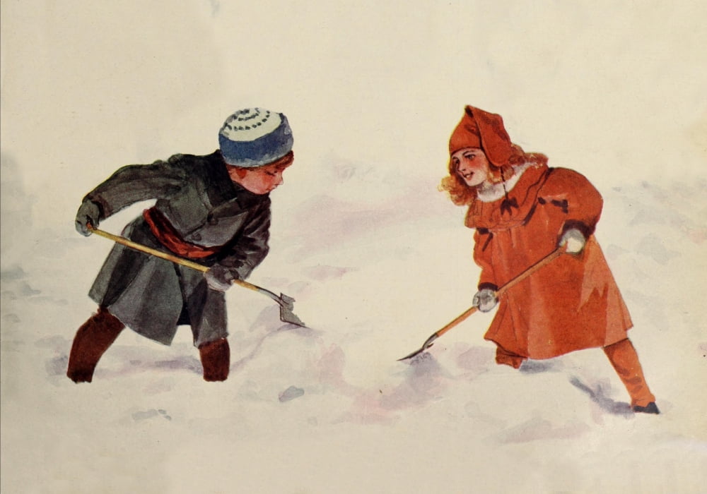 Canadian Home Journal 1922 Children shovelling snow Canvas Art - Unknown (18 x 24)