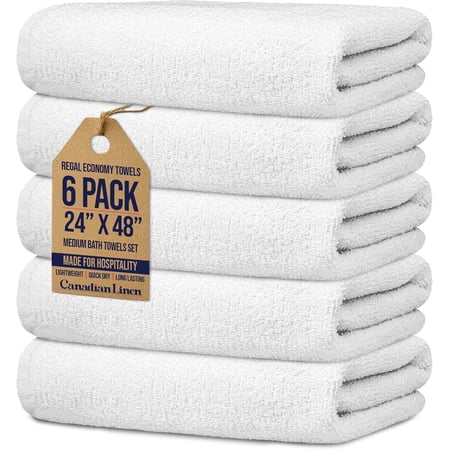 Canadian Linen Regal Basic Economy Medium White Bath Towels 24x48 inch 6 Pack Soft Absorbent Hospitality Cotton Towel Set for Bathroom Hotel Motel Spa Salon Gym Lightweight Fade Resistant & Quick Dry