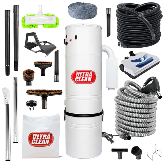 Canadian Made Central Vacuum Ultra Clean Unit 7,500 sq. ft. Electric Hose/Powerhead Attachments, Garage Kit & Accessories (30 Ft)