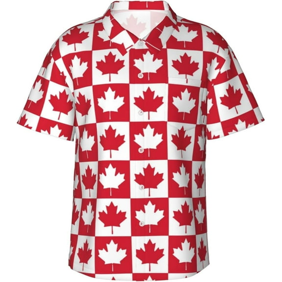 Canadian Maple Flag Check Mens Hawaiian Shirt Short Sleeve Casual Button Up Tropical Summer Beach Shirt