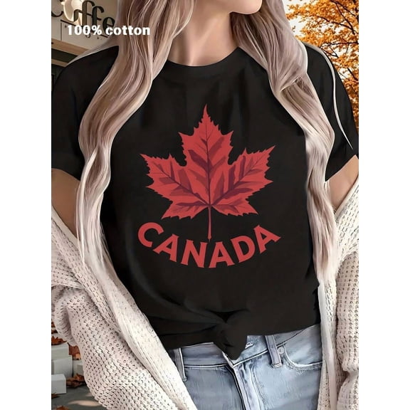 Canadian Maple Leaf T-Shirt - 100% Cotton Women's Patriotic Tee, Soft Breathable Top for Canada Day, Travel Souvenir, Summer & Fall Casual Wear, Ideal Gift