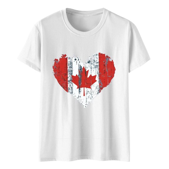 Canadian Maple Leaf Women's Casual Graphic Tees Crew Neck Vintage Script Funny Canada Day T-Shirt Themed Shirts White, M