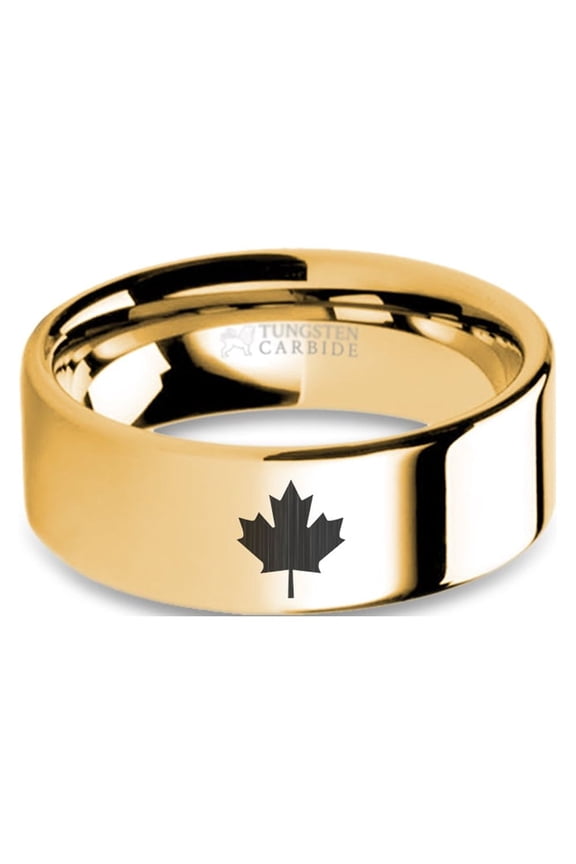 Canadian Maple Leaf Yellow Gold Tungsten Wedding Band, Polished, 8mm, Size 15.5