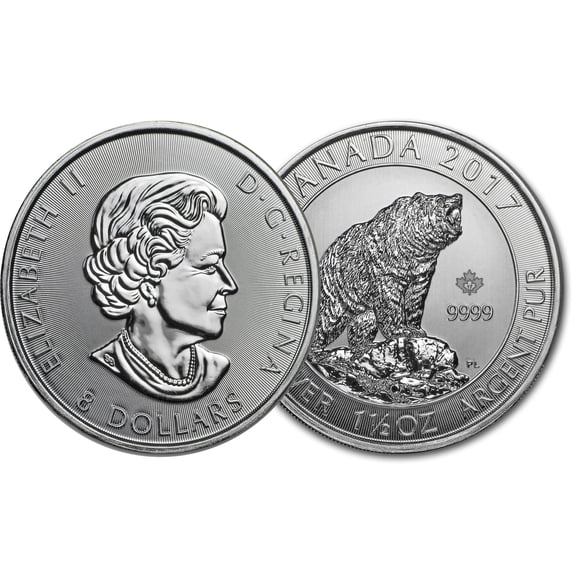 Canadian Mint 1.5 Oz Silver Grizzly Bear Bullion Coin, 38 mm