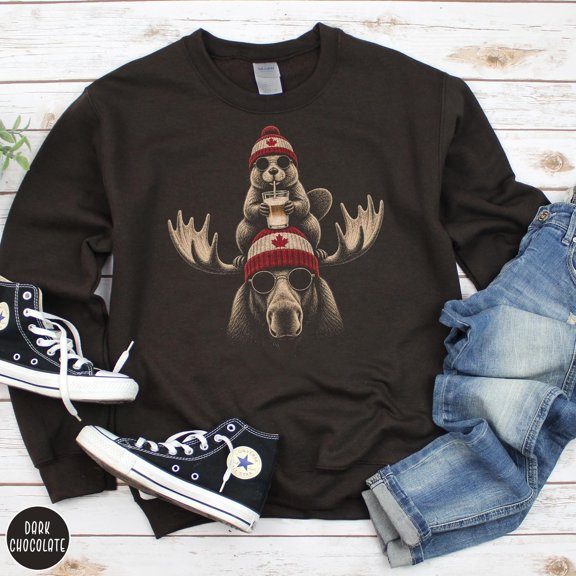 Canadian Moose and Beaver Crewneck Sweatshirt, 50/50 Cotton-Poly Fleece, 271 GSM, Unisex Classic Fit