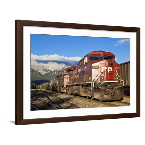 Art.com Canadian Pacific Freight Train Locomotive at Banff Station Photographic Print by Neale Clark, Brown Frame Wall Art, 44" x 32"