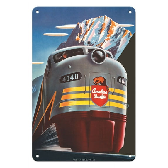 Canadian Pacific Railway Company - CP FP9A 4040 Diesel Locomotive Train - CPR Logo Beaver Shield - Vintage Travel Poster by Peter Ewart c.1950 - 8 x 12 inch Vintage Metal Tin Sign