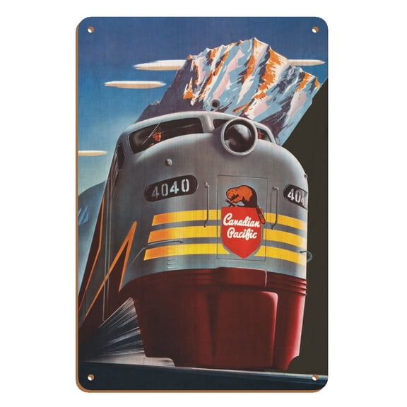 Canadian Pacific Railway Company - CP FP9A 4040 Diesel Locomotive Train - CPR Logo Beaver Shield - Vintage Travel Poster by Peter Ewart c.1950 - 8 x 12 inch Vintage Wood Art Sign