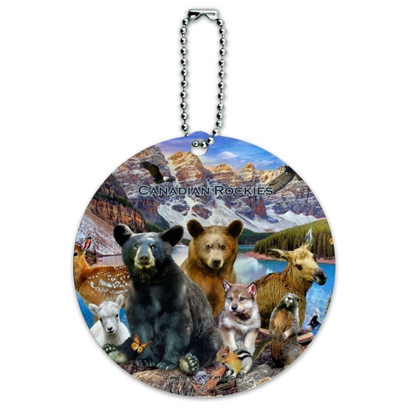 Canadian Rockies Mountain Range Animals Beer Wolf Moose Deer Round Luggage ID Tag Card Suitcase Carry-On