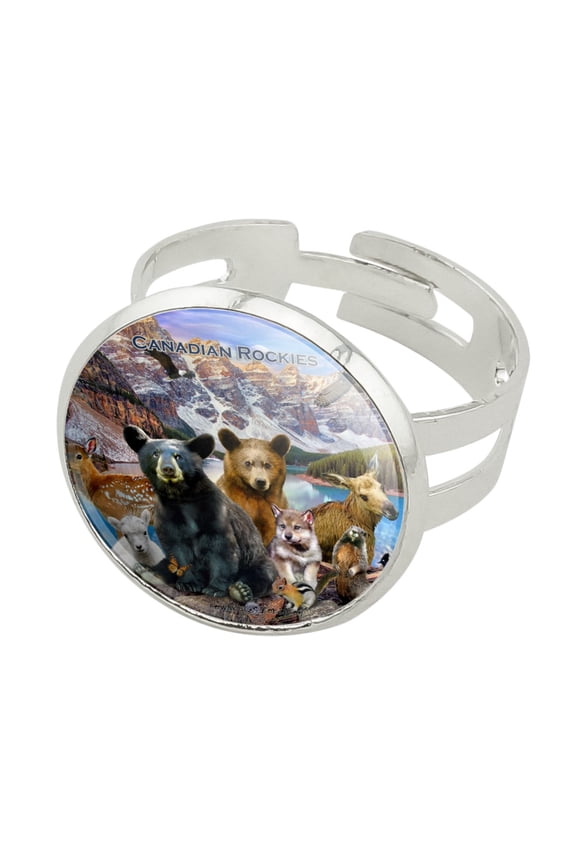 Canadian Rockies Mountain Range Animals Beer Wolf Moose Deer Silver Plated Adjustable Novelty Ring