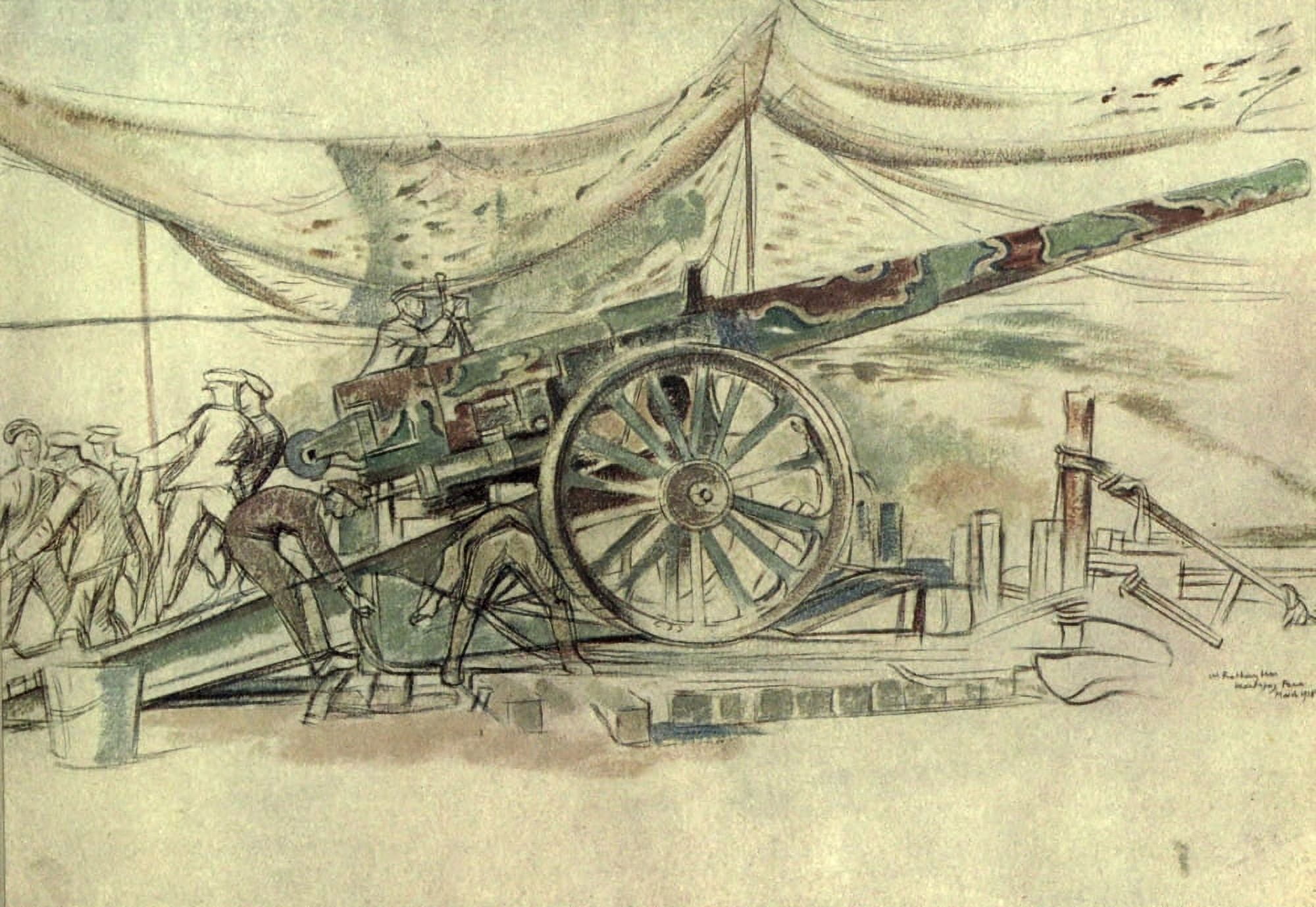 Canadian War Memorials c1919 6-in Naval gun in action 1918 Canvas Art - W Rothenstein (24 x 36)
