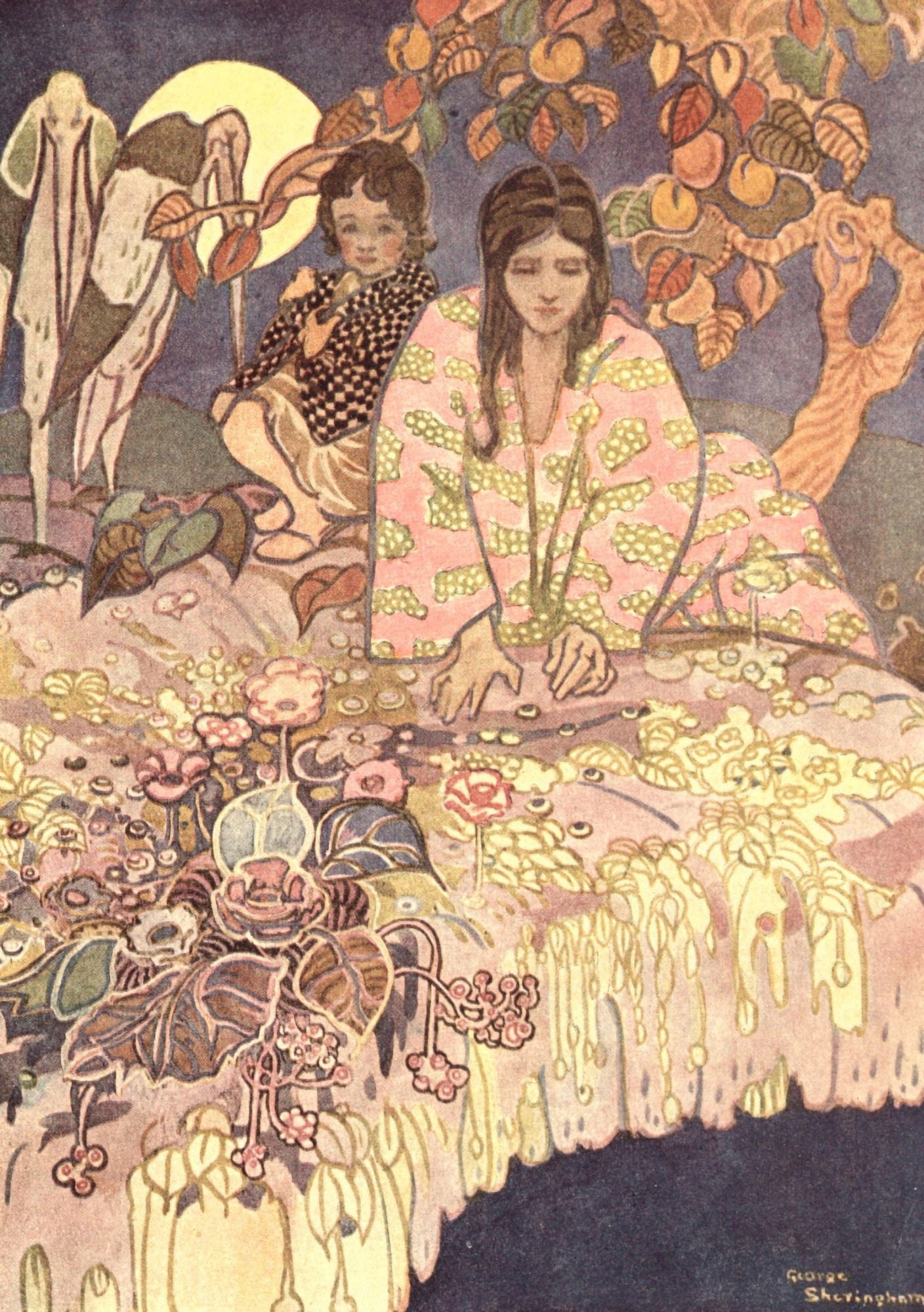 Canadian Wonder Tales 1918 Seated women Canvas Art - George Sheringham (24 x 36)