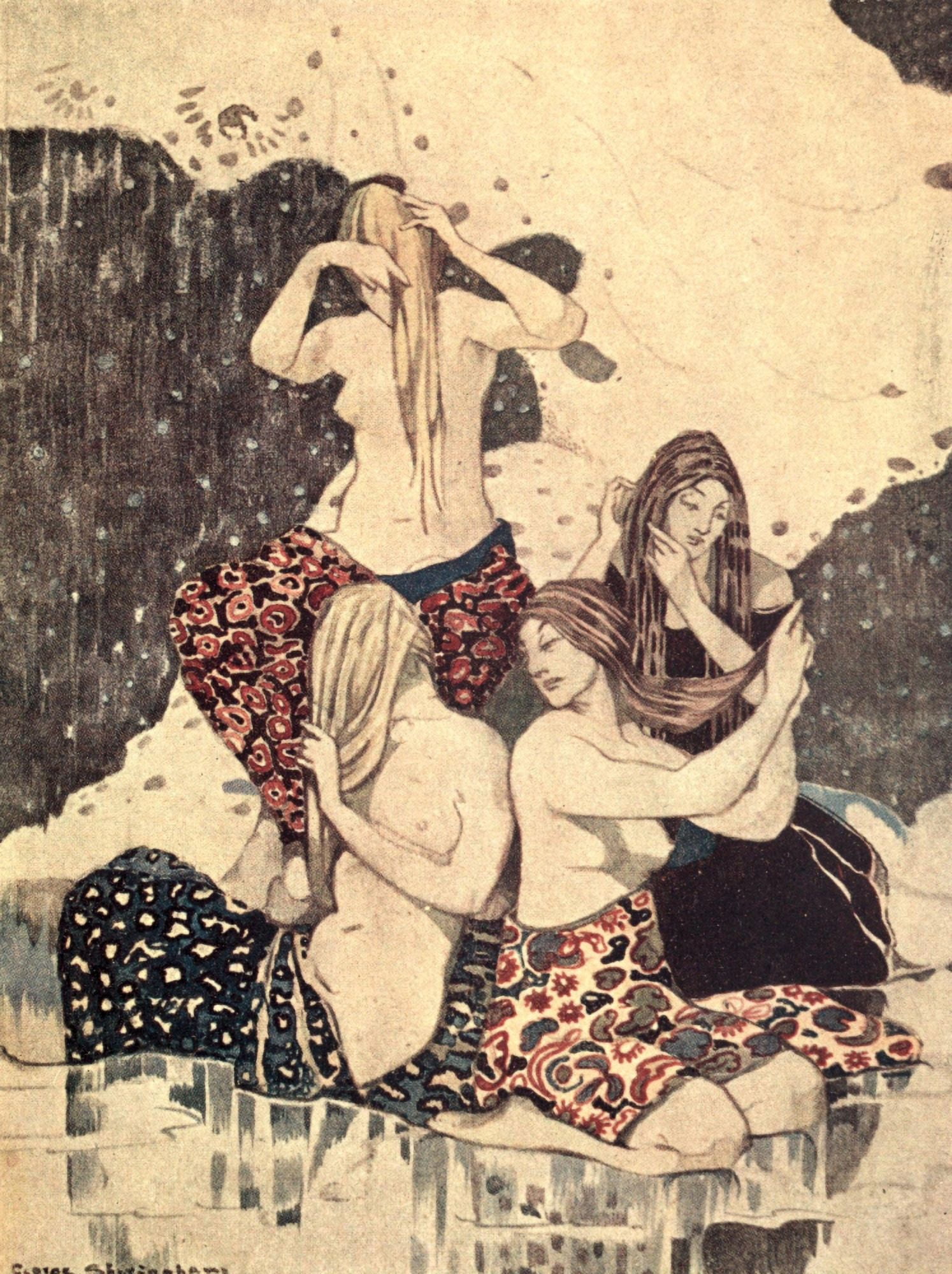 Canadian Wonder Tales 1918 Woman brushing hair Canvas Art - George Sheringham (24 x 36)