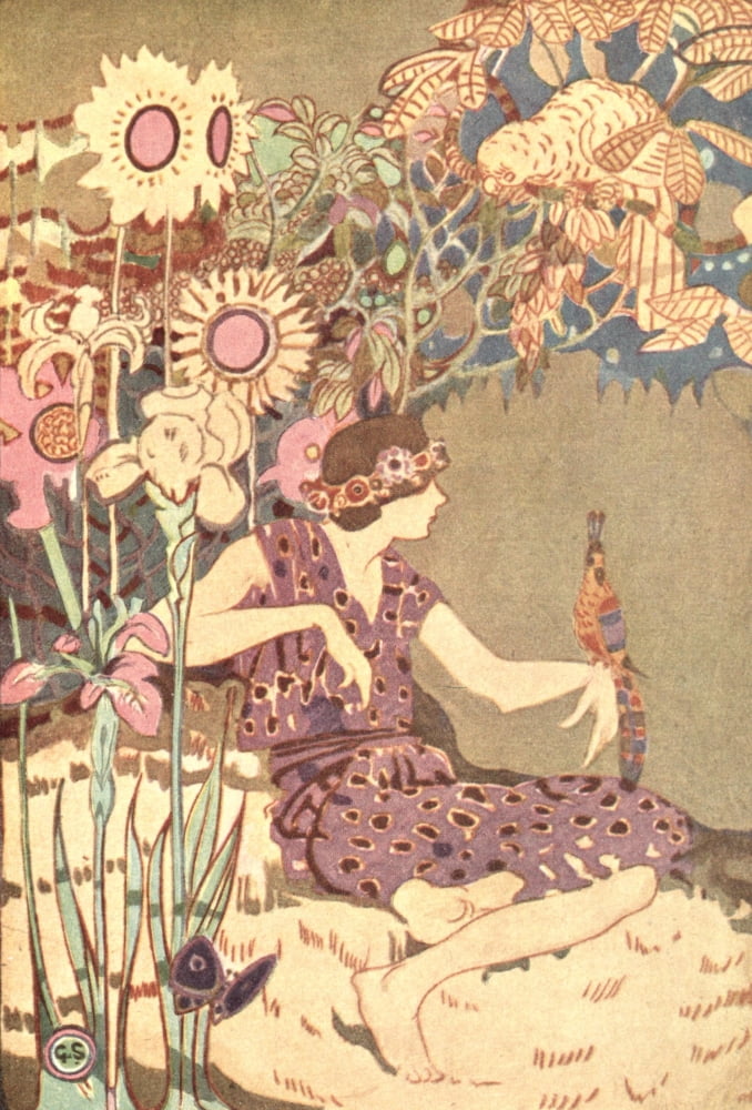 Canadian Wonder Tales 1918 Woman with sunflowers Canvas Art - George Sheringham (24 x 36)