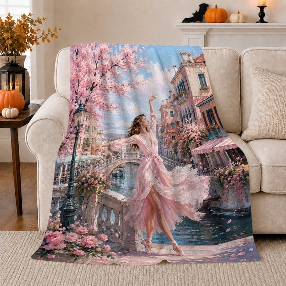 Canal Bridge Ballerina with Pink Blossoms, Romantic Impressionist Style for Ballet Lovers, Birthday Gift, Cozy Flannel Blanket for Bedroom and Living Room, Home Decor
