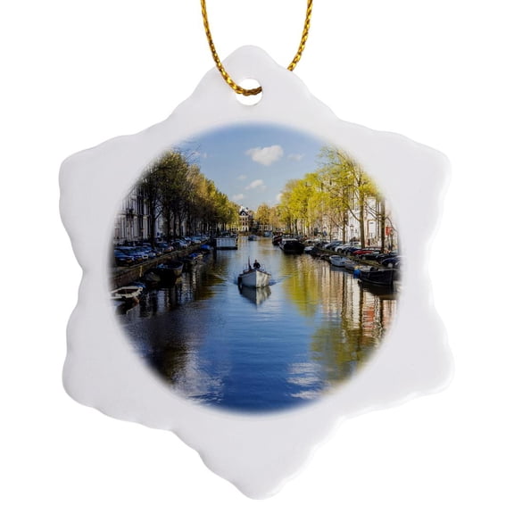 3drose, Canal, Central Amsterdam, Netherlands., 3 inch Snowflake Porcelain Ornament