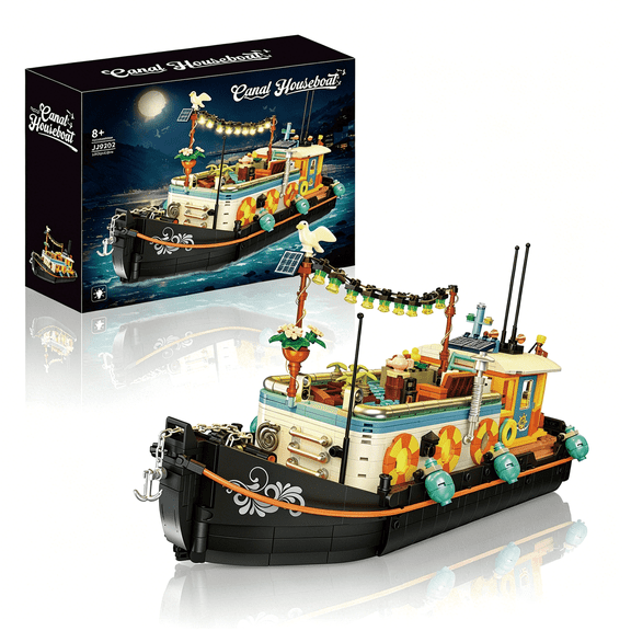 Canal Houseboat Building Set with LED Lights, 1306PCS Floating Boat Building Blocks Model Kit for Adults, Cozy River Boat Home Decor Display, Creative Collectible Gift